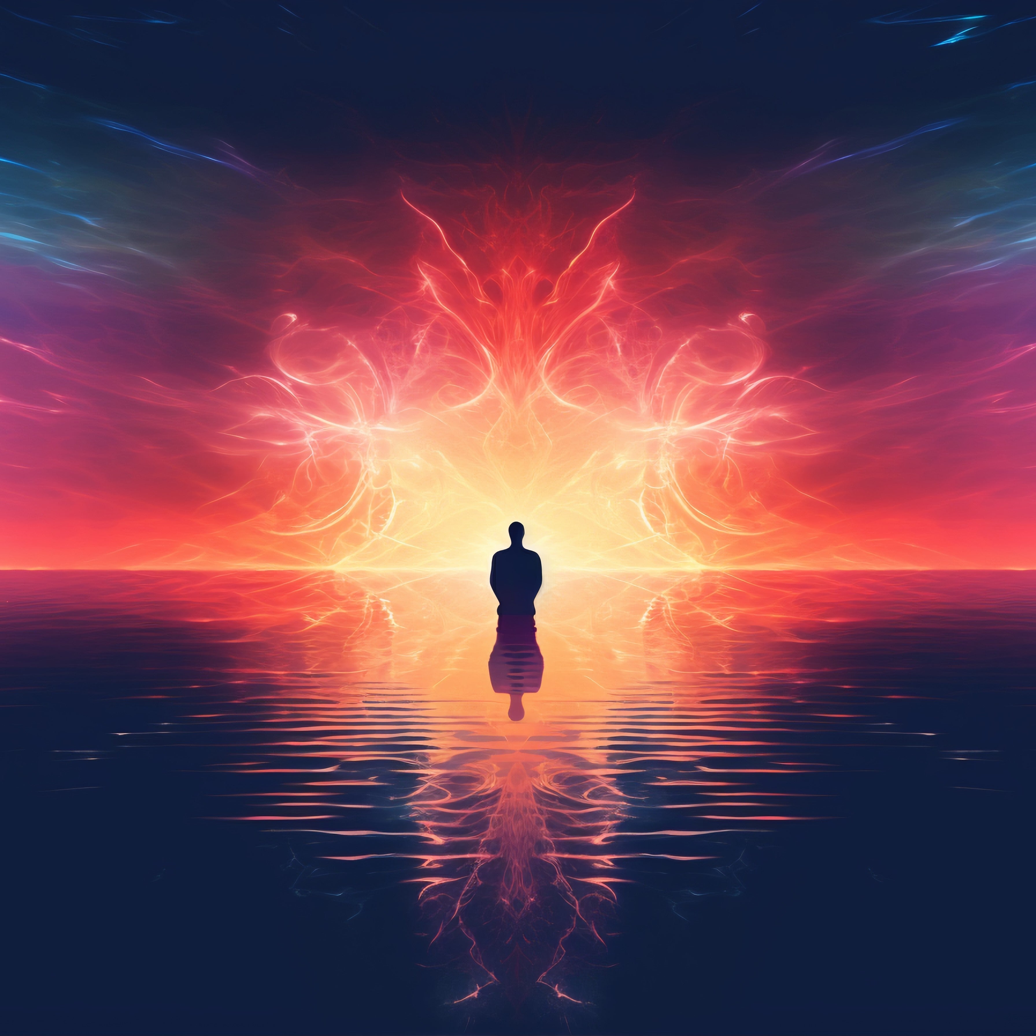Person silhouetted against radiant sunrise over still water, symbolizing spiritual awakening, inner alignment, and frequency elevation
