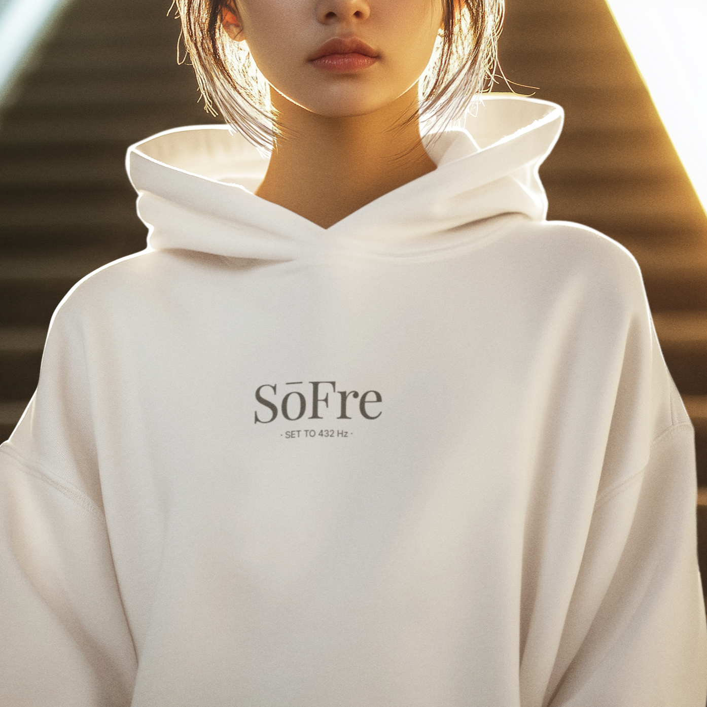 Model in soft-tone hoodie standing in golden light — representing soft fashion vs. fast fashion and the wearable healing movement.