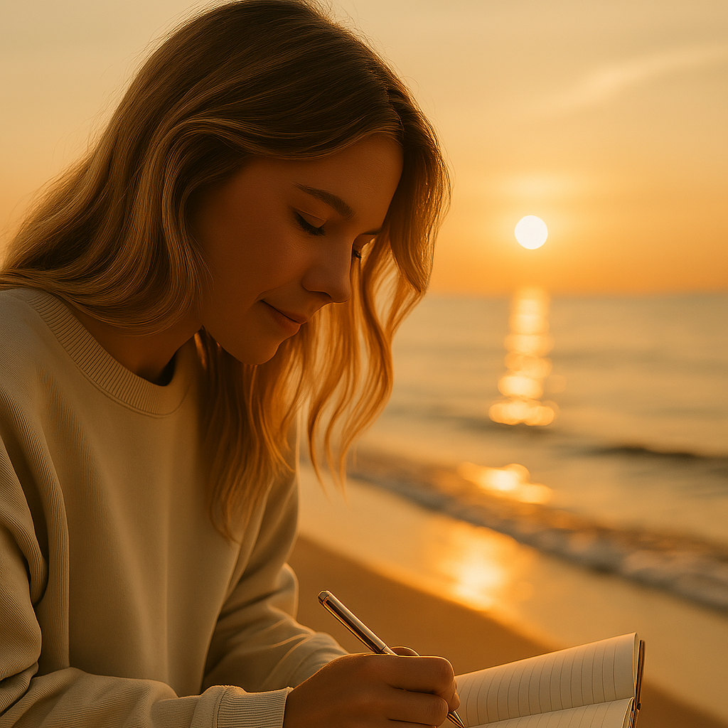 Women journaling in sunrise on ocean