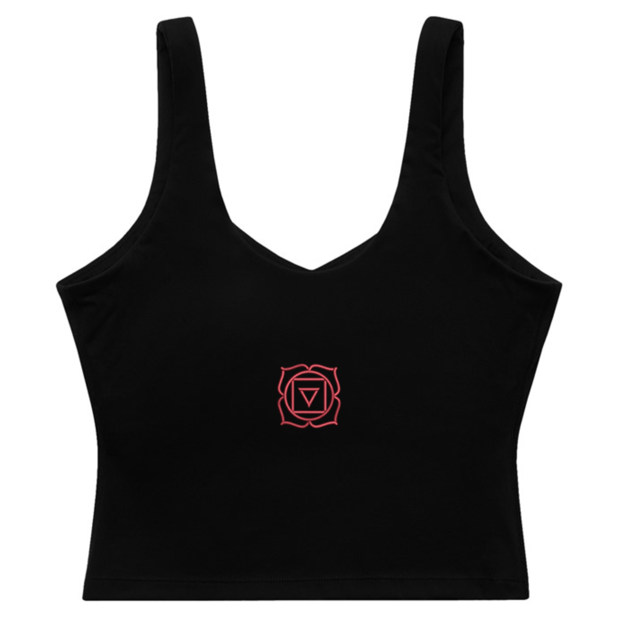 Front and back views of black SōFre crop tank featuring 396 Hz root chakra symbol and soft wave mark in cranberry red.