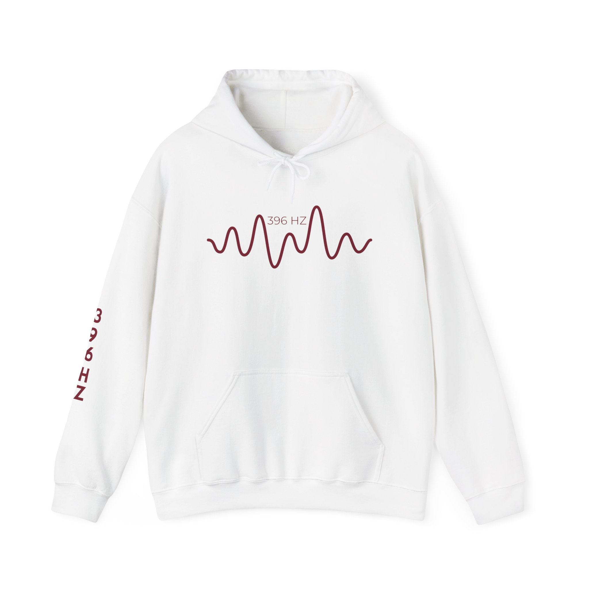 White hoodie with red wave design and '396 Hz' text on a white background