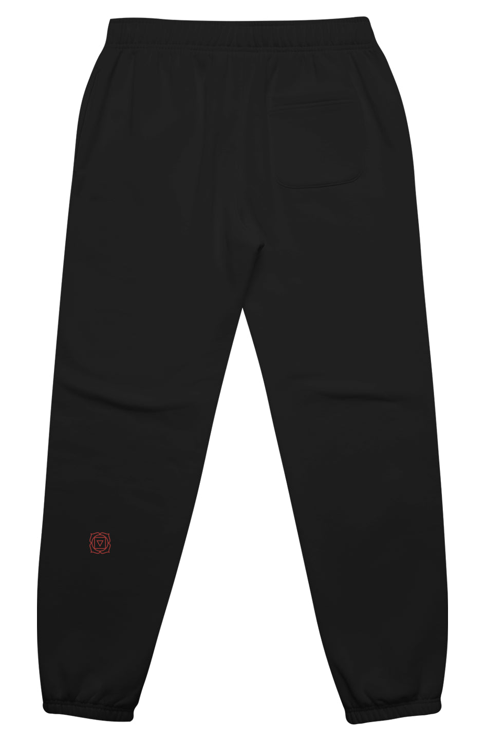Back of black joggers with subtle red root chakra embroidery on lower right leg, symbolizing safety and energetic support.