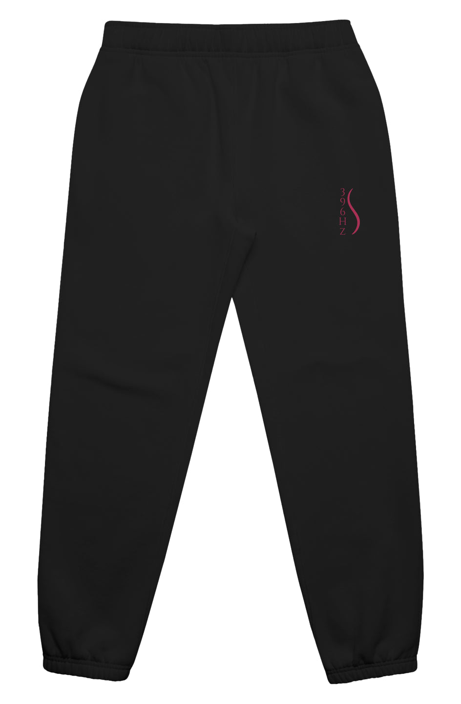 Front of black joggers with vertical 396 Hz symbol on left thigh, representing emotional release and vibrational grounding.