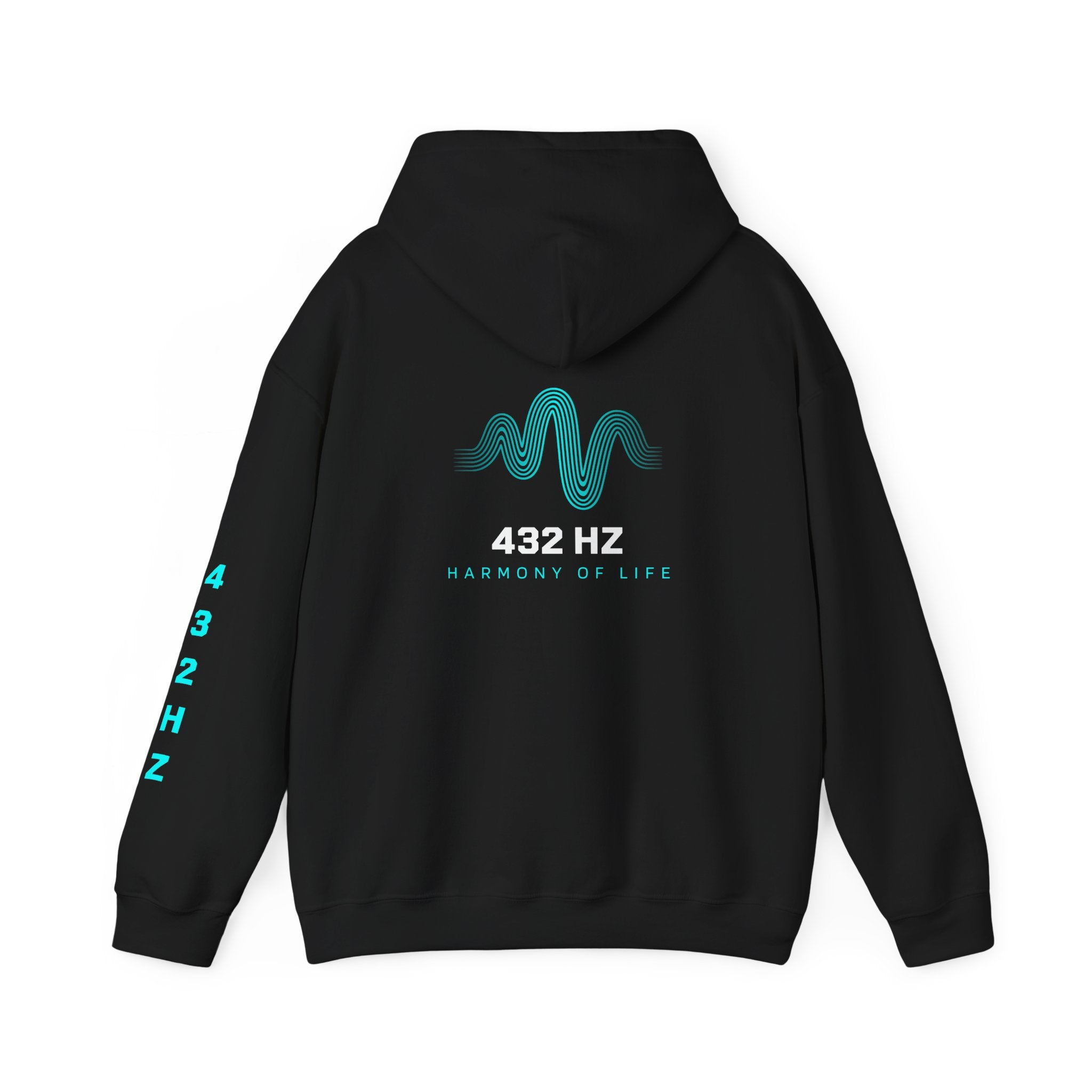 432 Hz Harmony Hoodie in Eclipse Black with teal wave graphic and ‘Harmony of Life’ back print