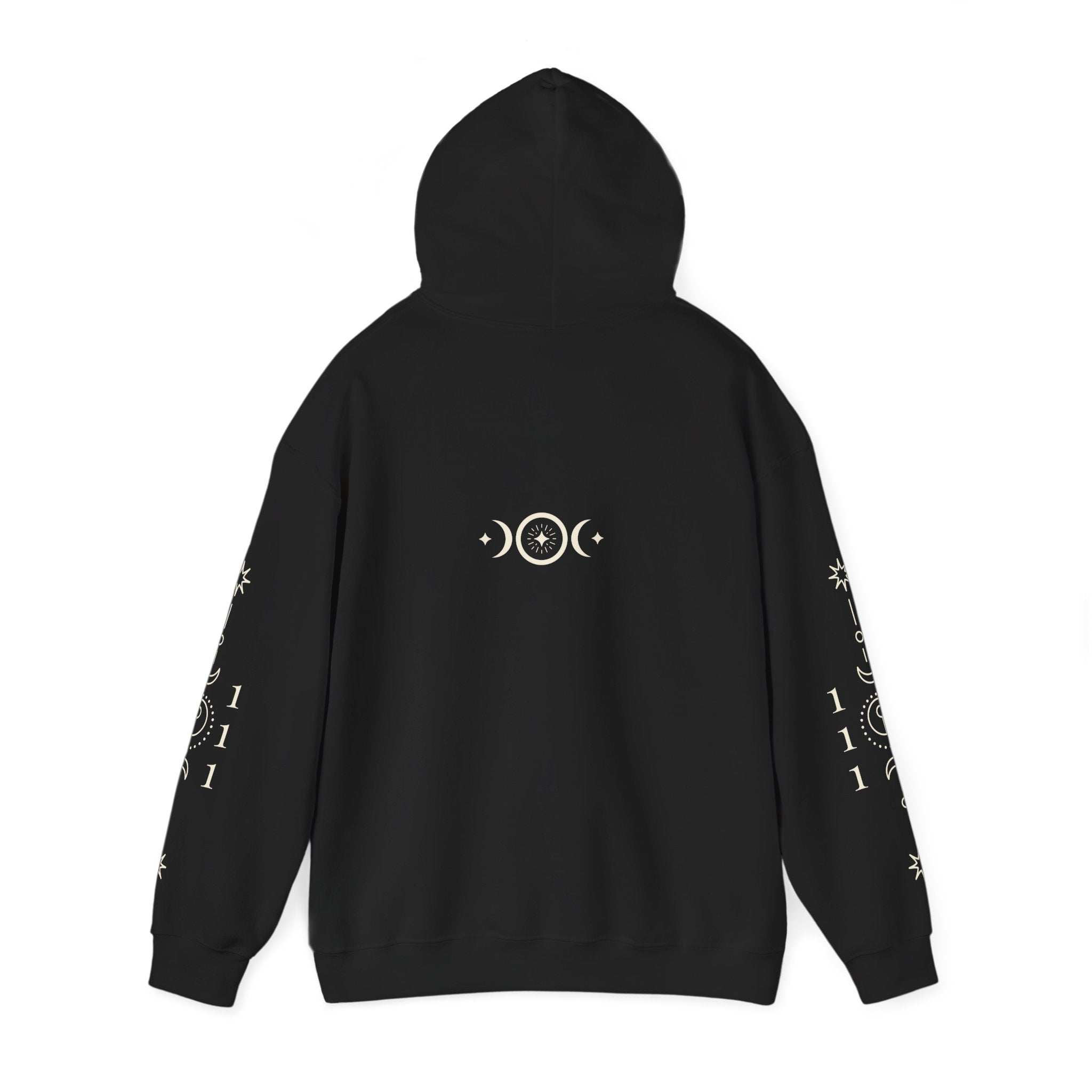 Back view of 111 Frequency Hoodie with triple moon and starburst