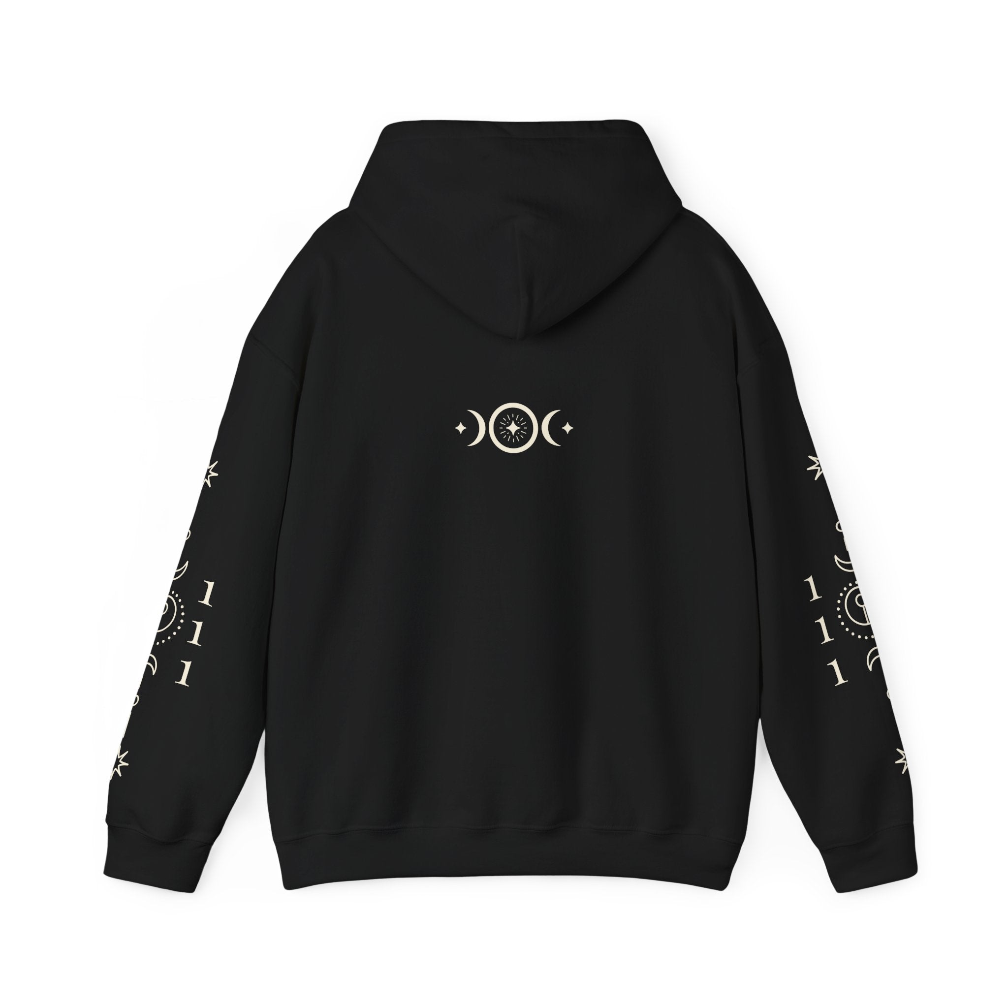 Back view of 111 Frequency Hoodie with triple moon and starburst