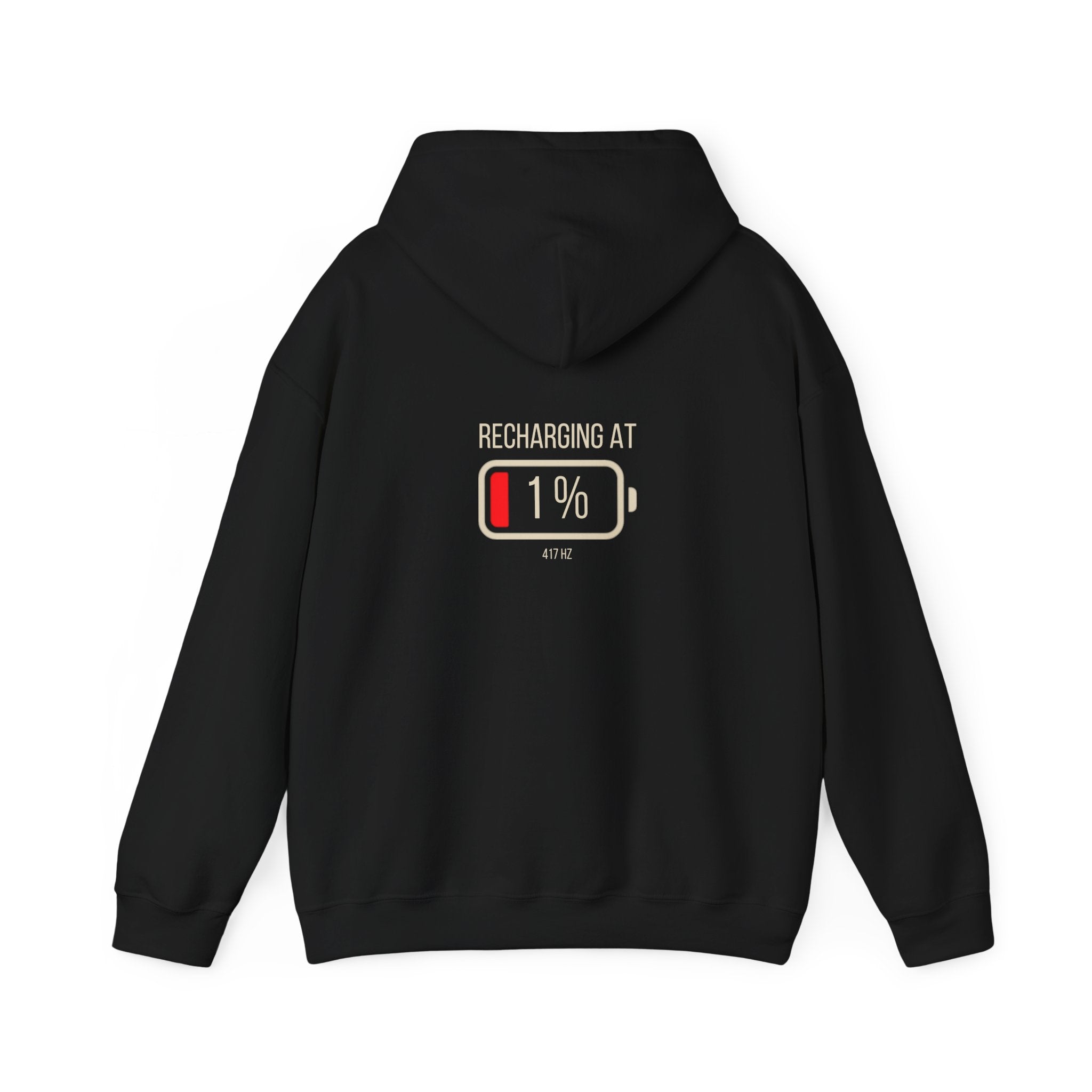 Black 417 Hz hoodie with “Energetically Unavailable” front and “Recharging at 1 %” battery graphic back — Soft Frequencies™ frequencywear back