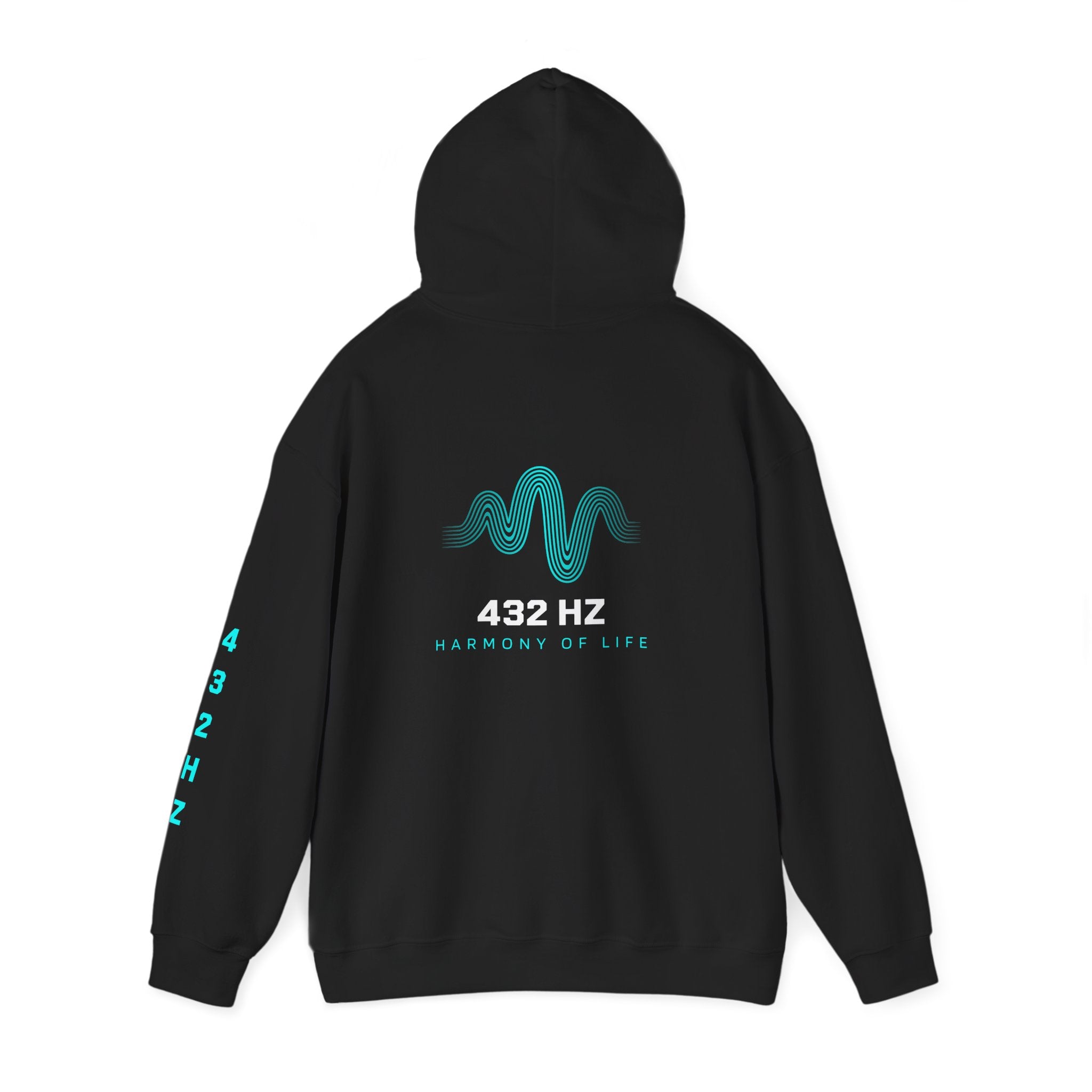 Black 432 Hz Hoodie with teal frequency wave and sleeve print – spiritual streetwear design