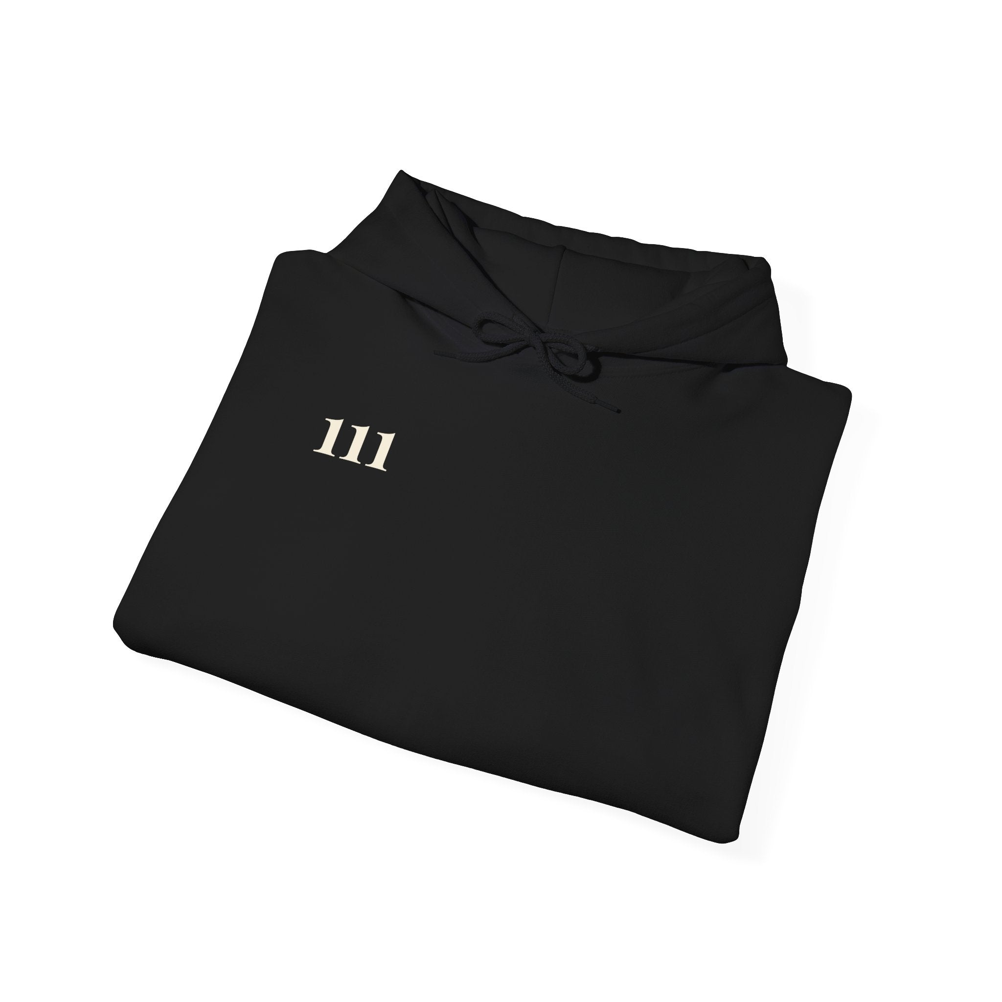 Black hoodie flat lay with cream 111 angel number front and sleeve details