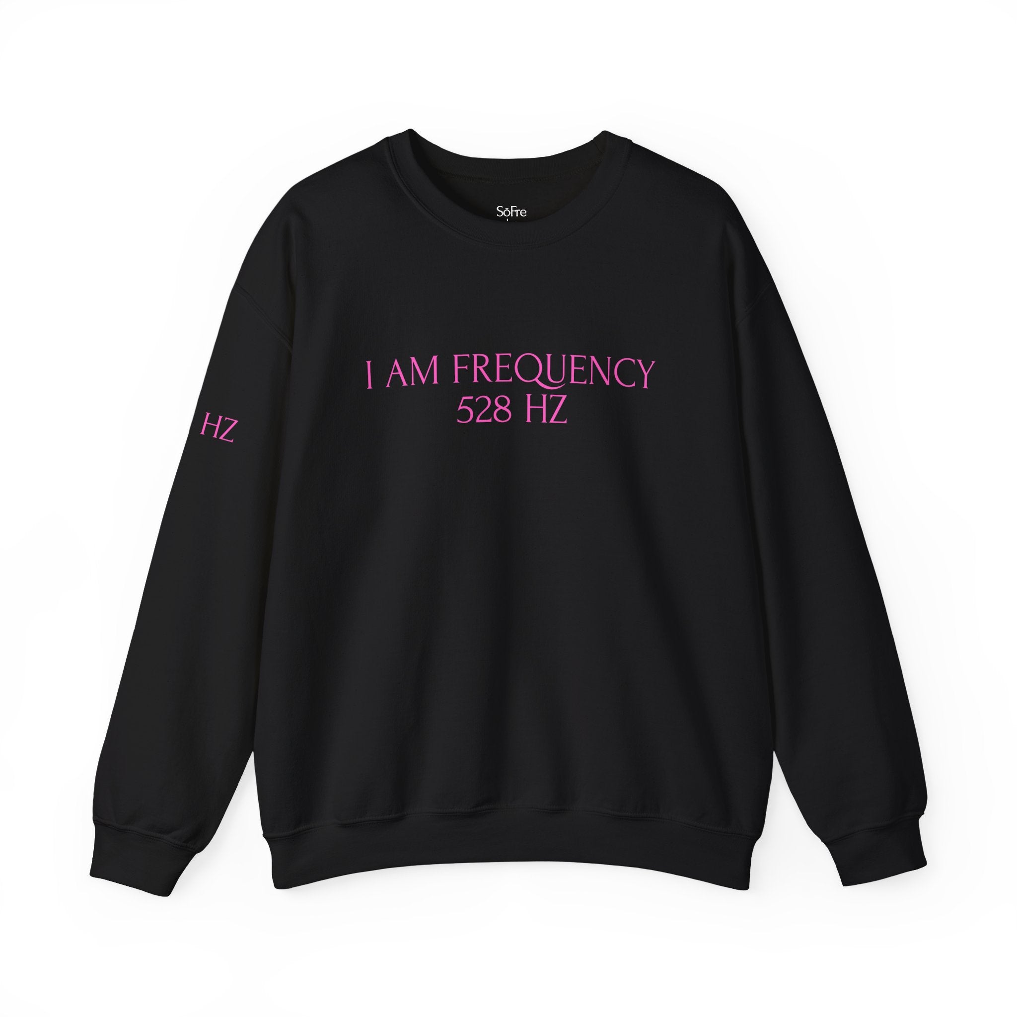 Eclipse black crewneck with “I AM FREQUENCY 528 Hz” — viral spiritual sweatshirt