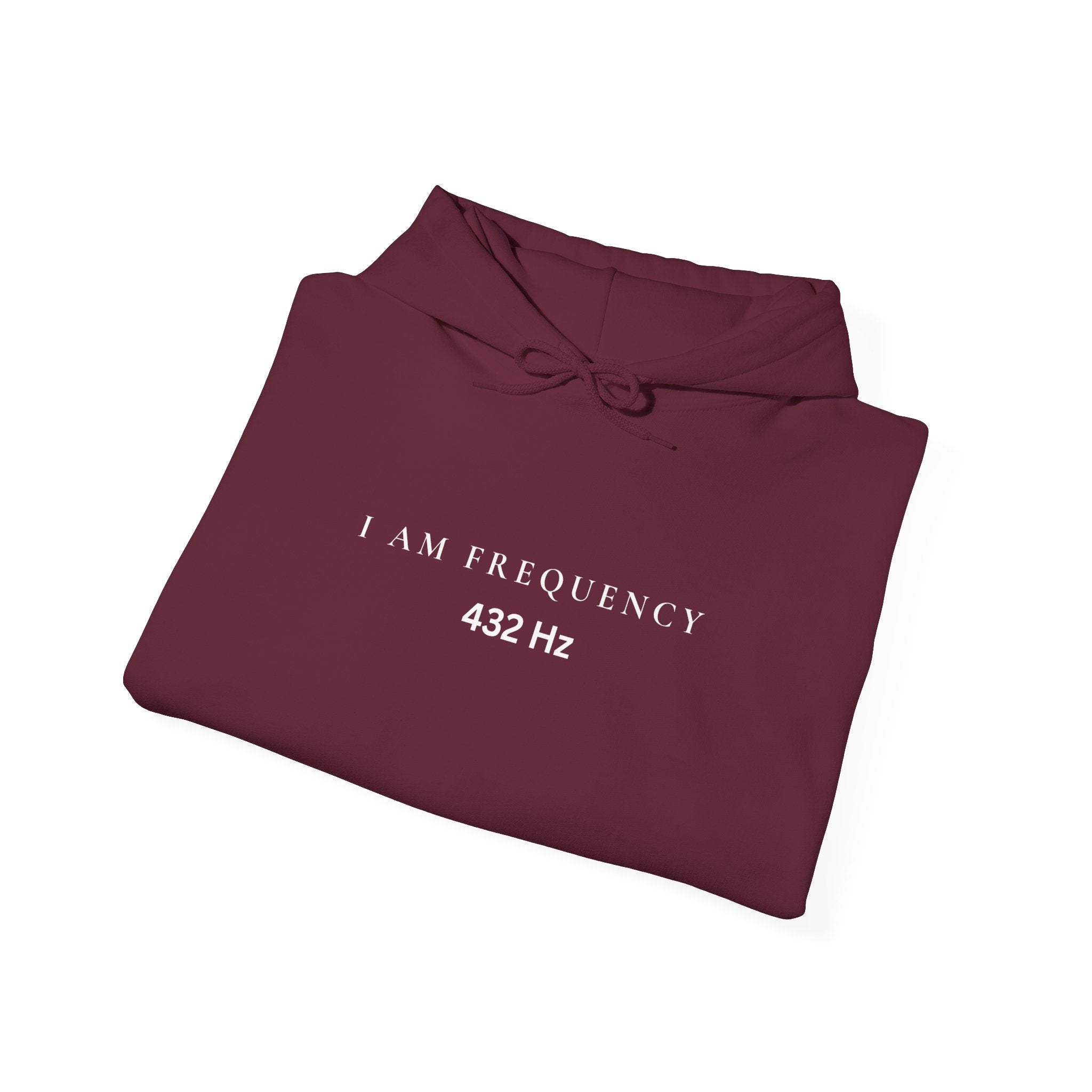 Folded Bay hoodie with 'I AM FREQUENCY 432 Hz text on a white background