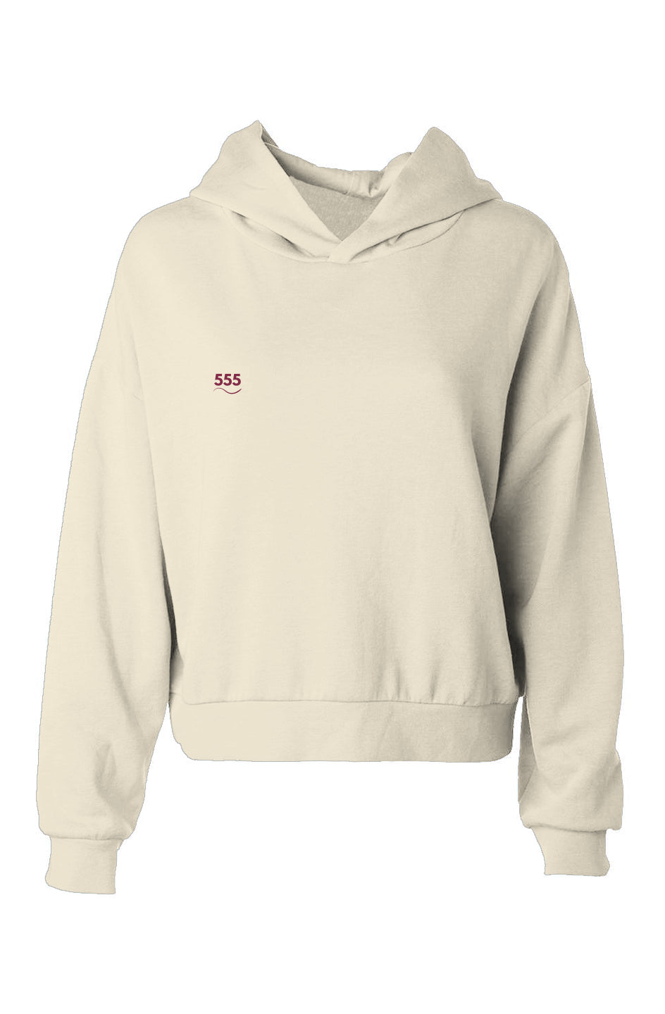 Flat lay of 555 Shift Hoodie in Solace — soft white hoodie encoded at 432 Hz with minimalist front embroidery