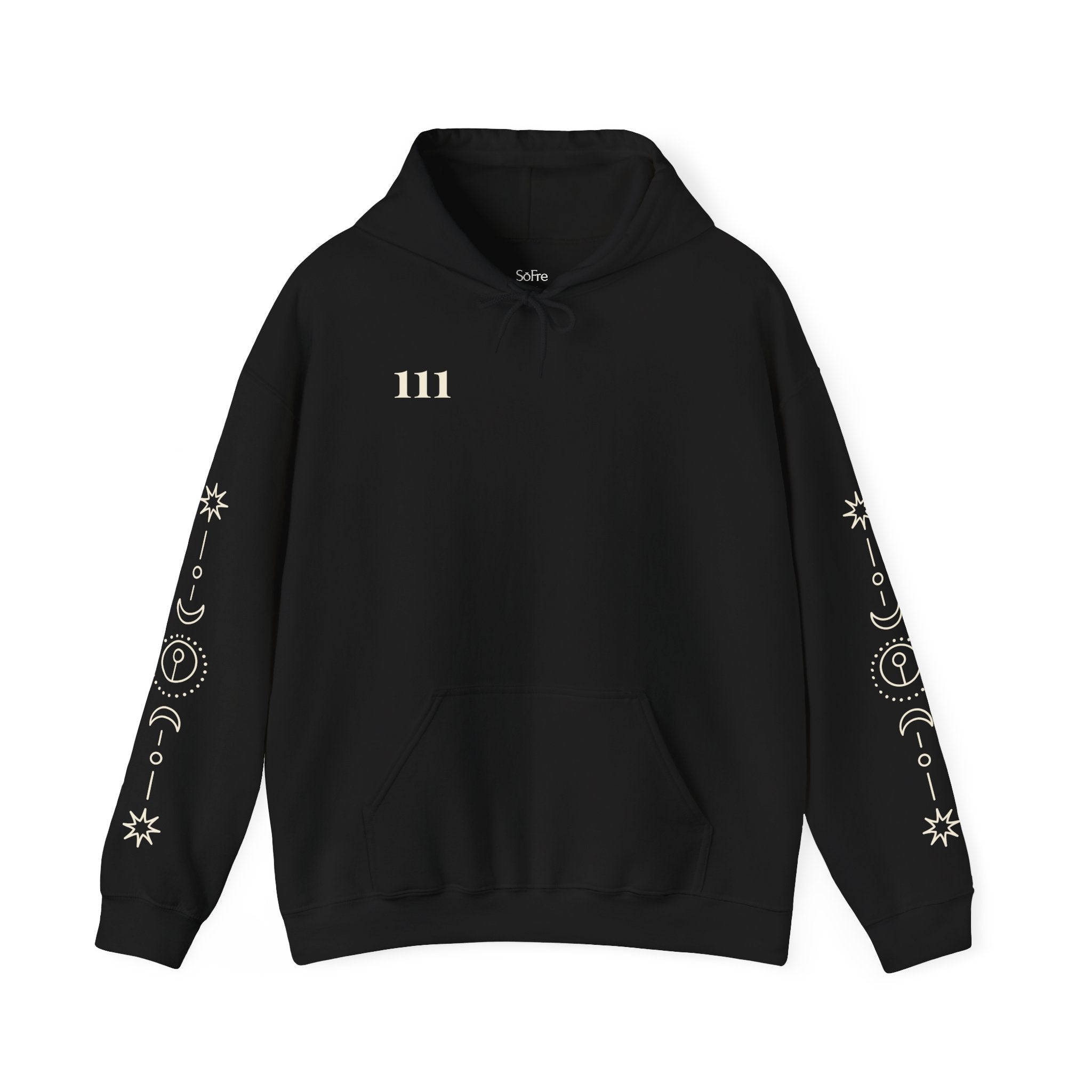 Soft Frequencies 111 Frequency Hoodie – Eclipse Black front view with sleeve design