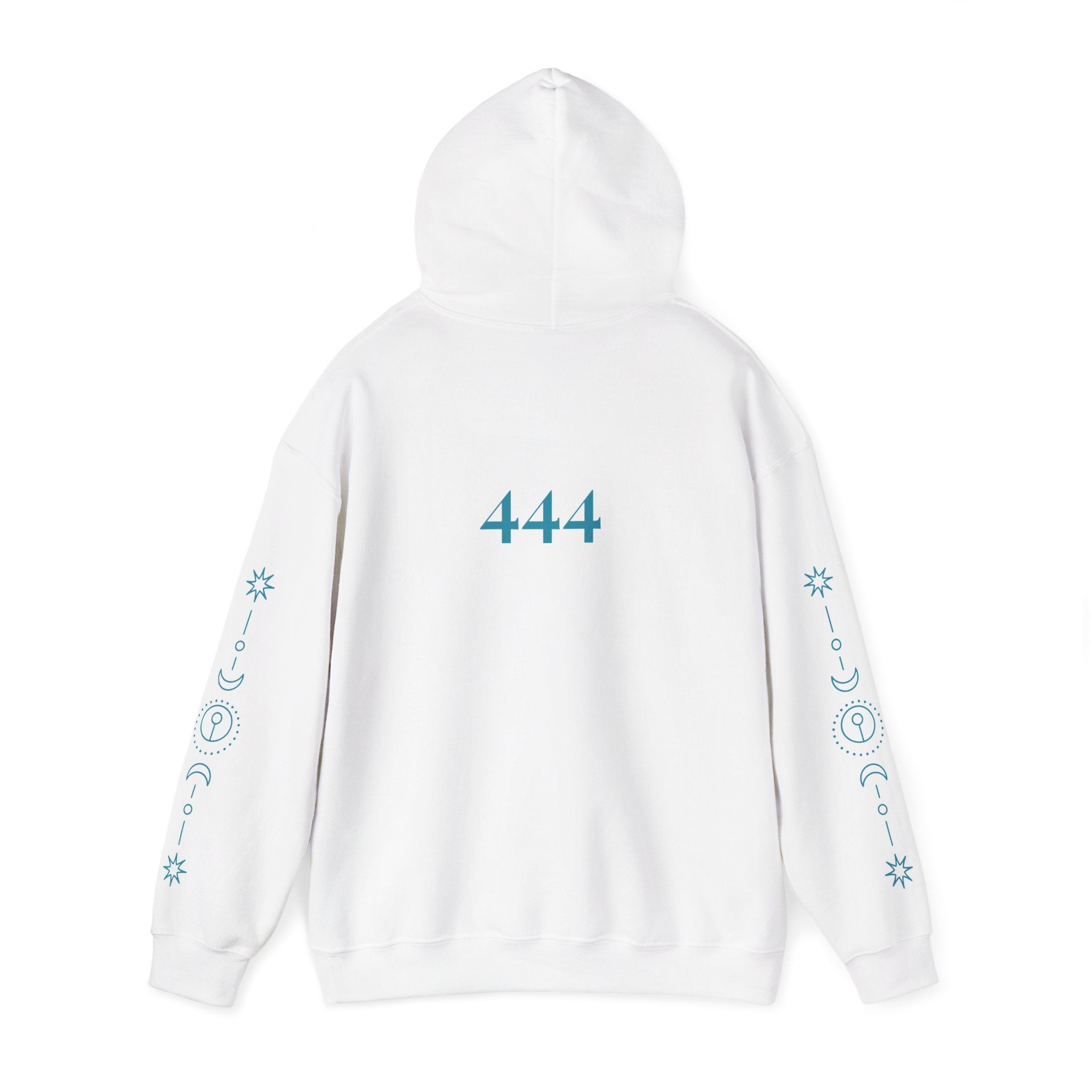 White hoodie with 444 designs and numbers on a white background