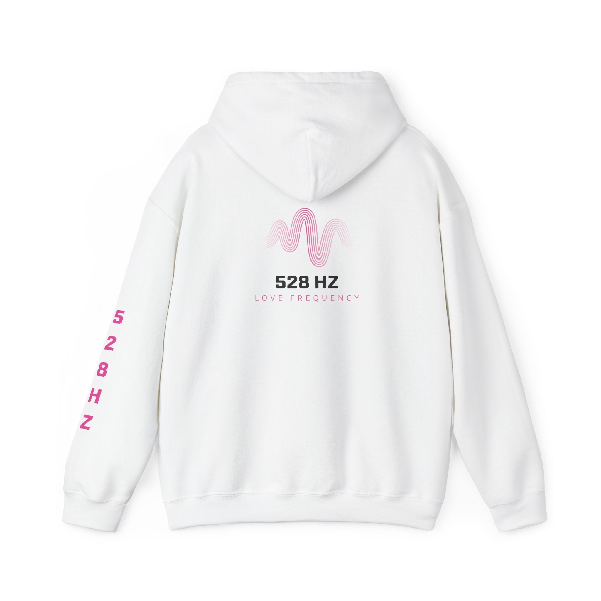 White hoodie with pink wave design and text on the back against a white background