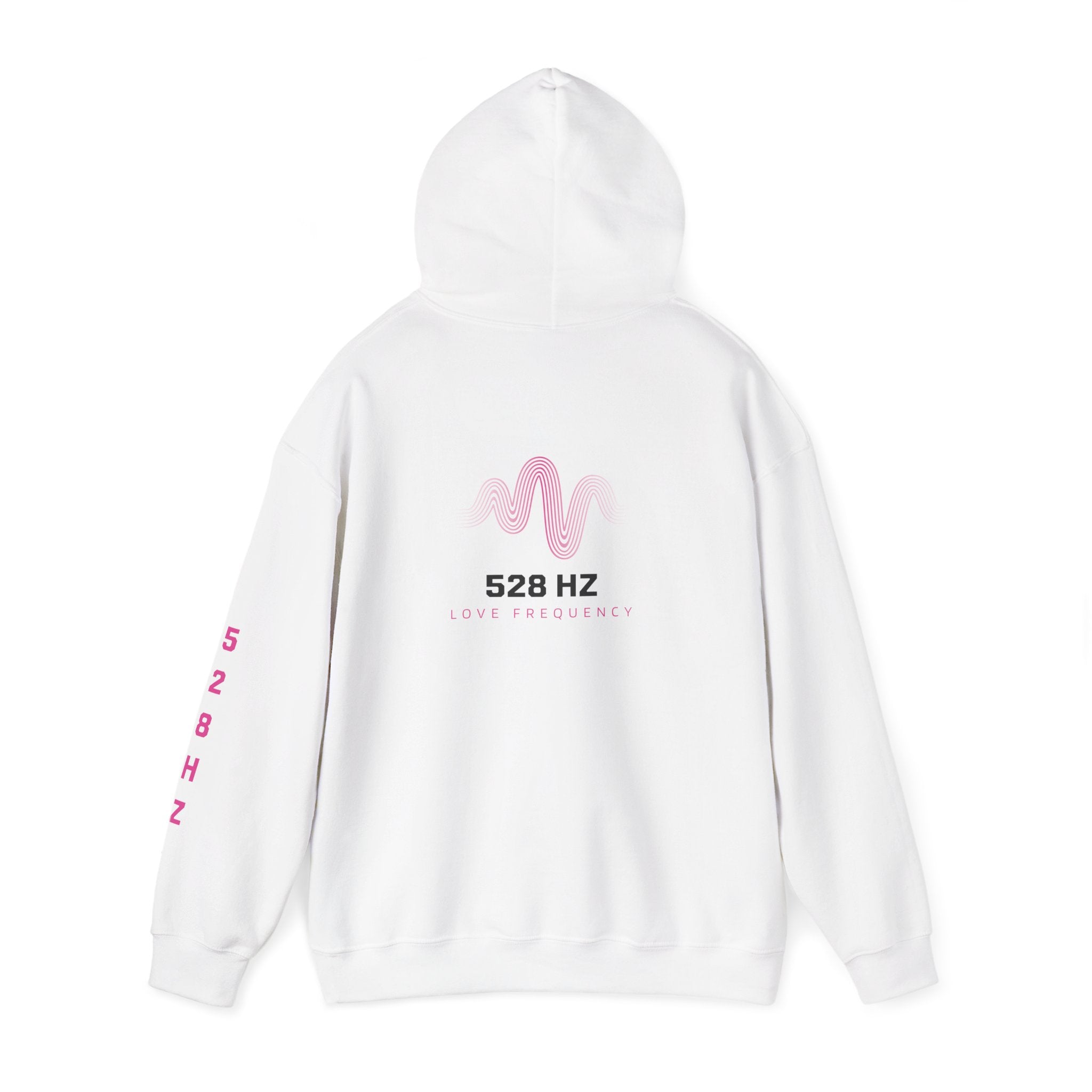 White hoodie with pink and black text on a white background