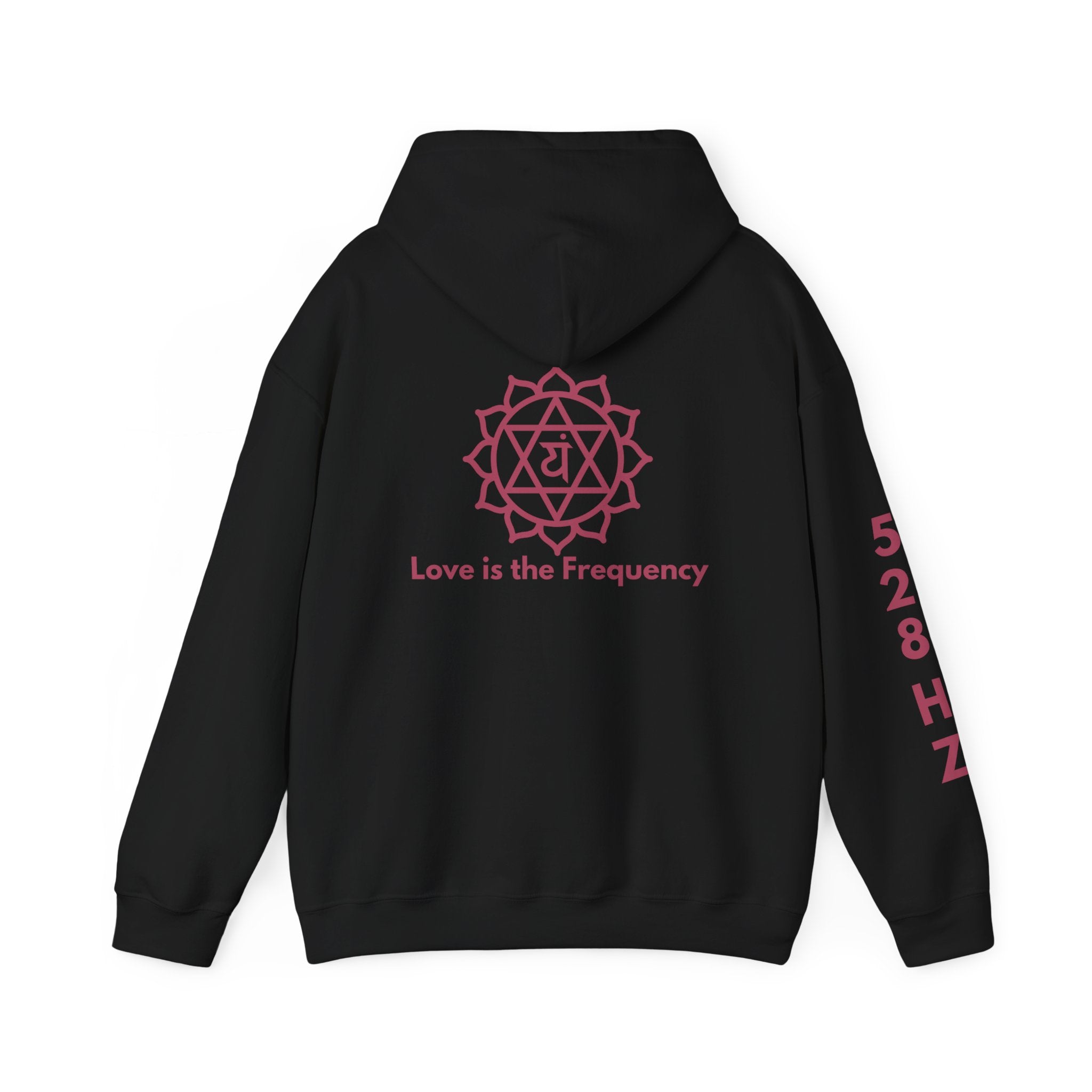 528 Hz hoodie black – back with Love is the Frequency mantra