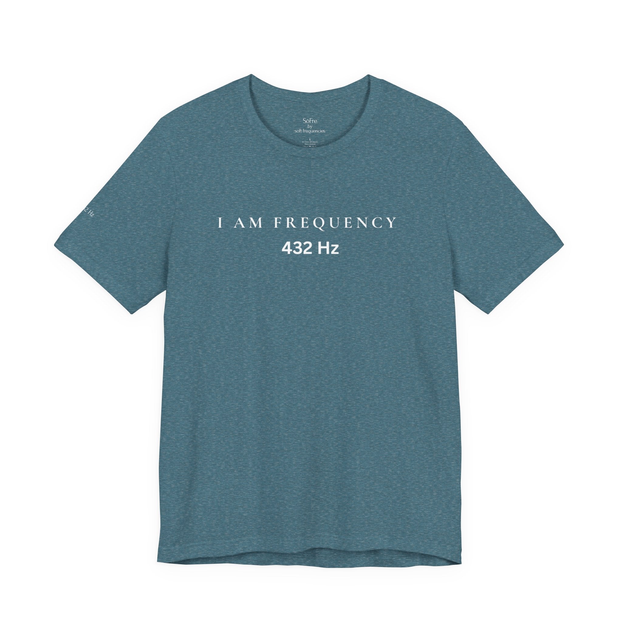 Aqua Aura t-shirt with 'I AM FREQUENCY 432 Hz' text on a white background
