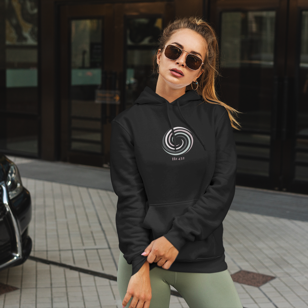 Model in black Aura Spiral Hoodie with sunglasses — Hz 432 techwear hoodie in Eclipse by Soft Frequencies™