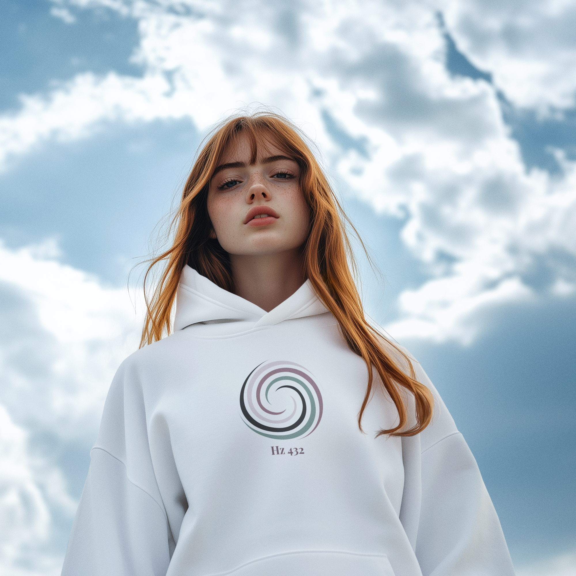 Woman wearing Aura Spiral Hoodie in Halo White, glowing in sunlight — Hz 432 spiritual hoodie by Soft Frequencies™