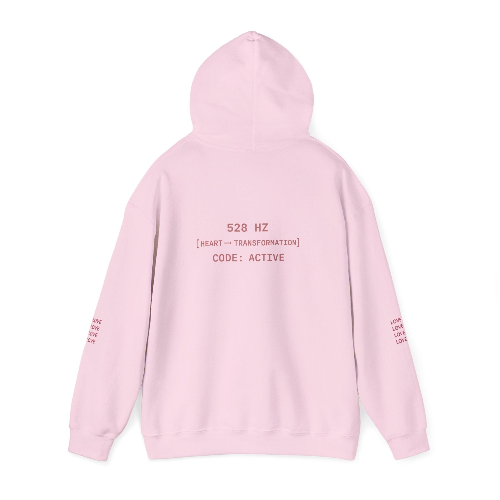 Back view – 528 Hz LOVE Hoodie with [HEART → TRANSFORMATION] message.