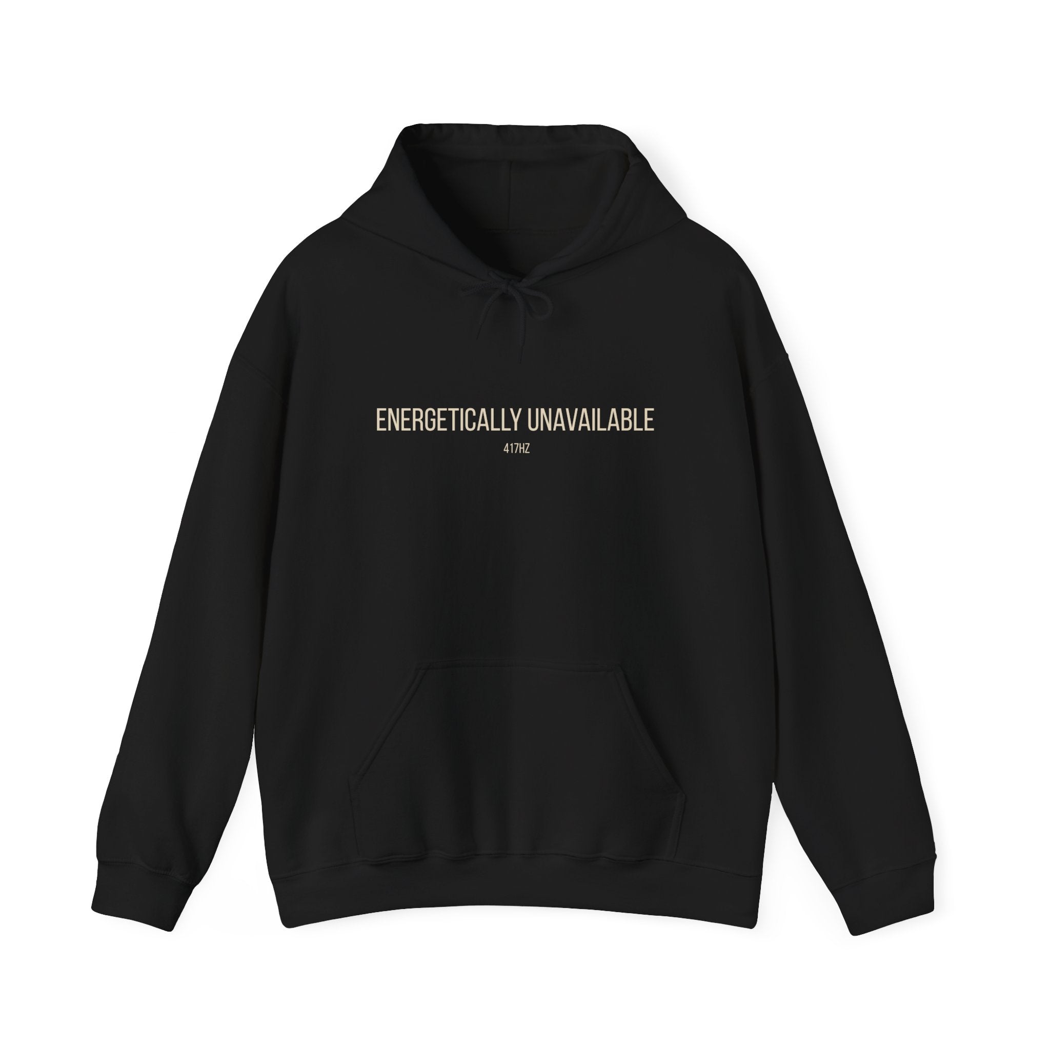 Black 417 Hz hoodie with “Energetically Unavailable” front and “Recharging at 1 %” battery graphic back — Soft Frequencies™ frequencywear.