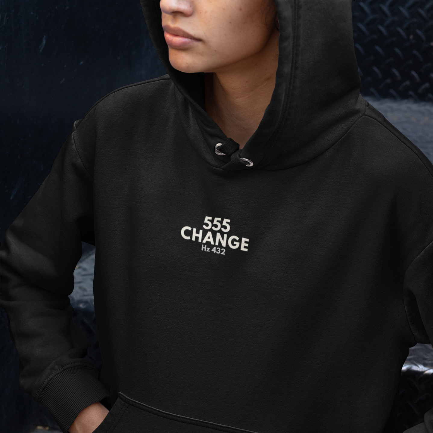 Women in Black 555 CHANGE Hoodie with Hz 432 text in cream print – Soft Frequencies™