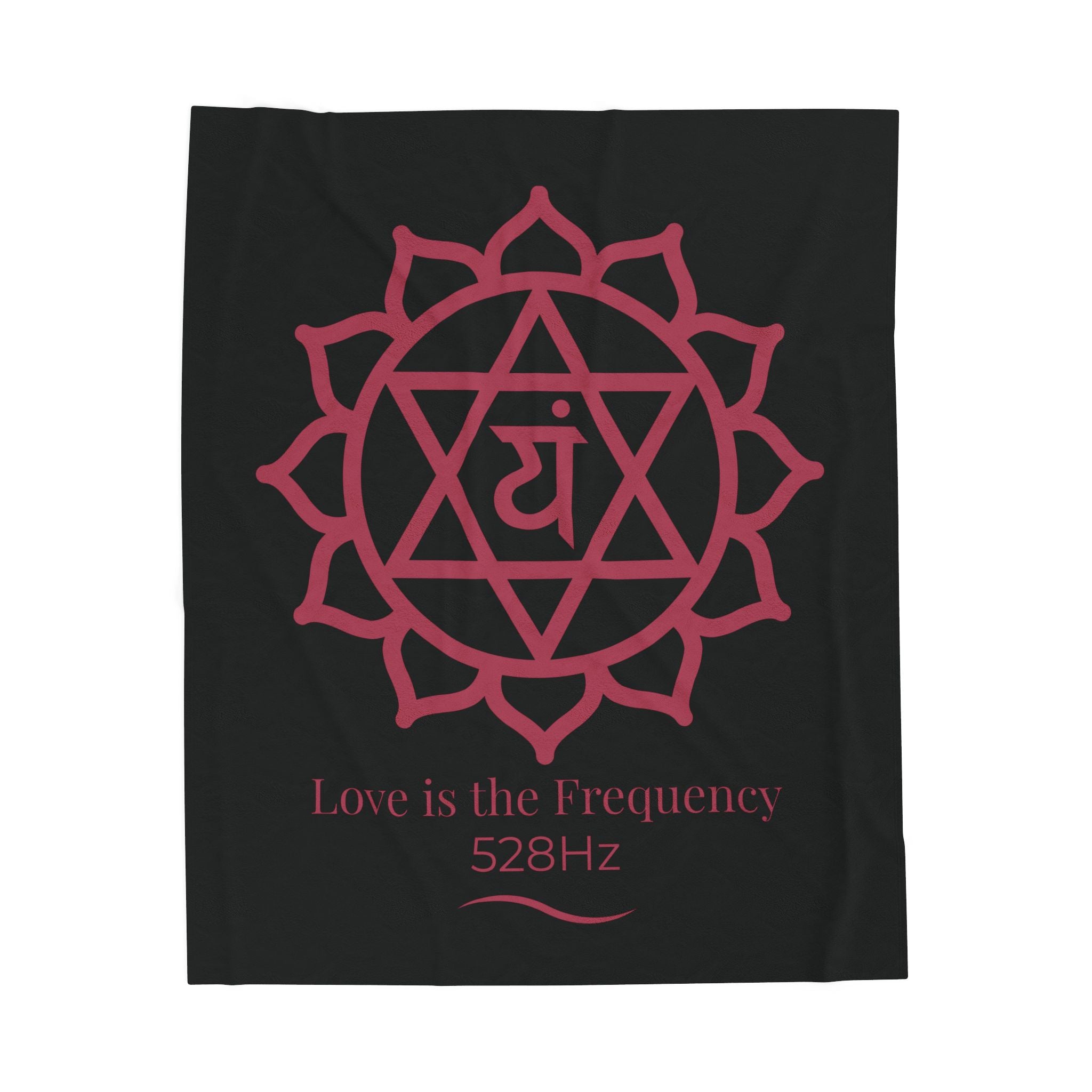 Black fabric with red mandala design and text 'Love is the Frequency 528Hz' on a white background