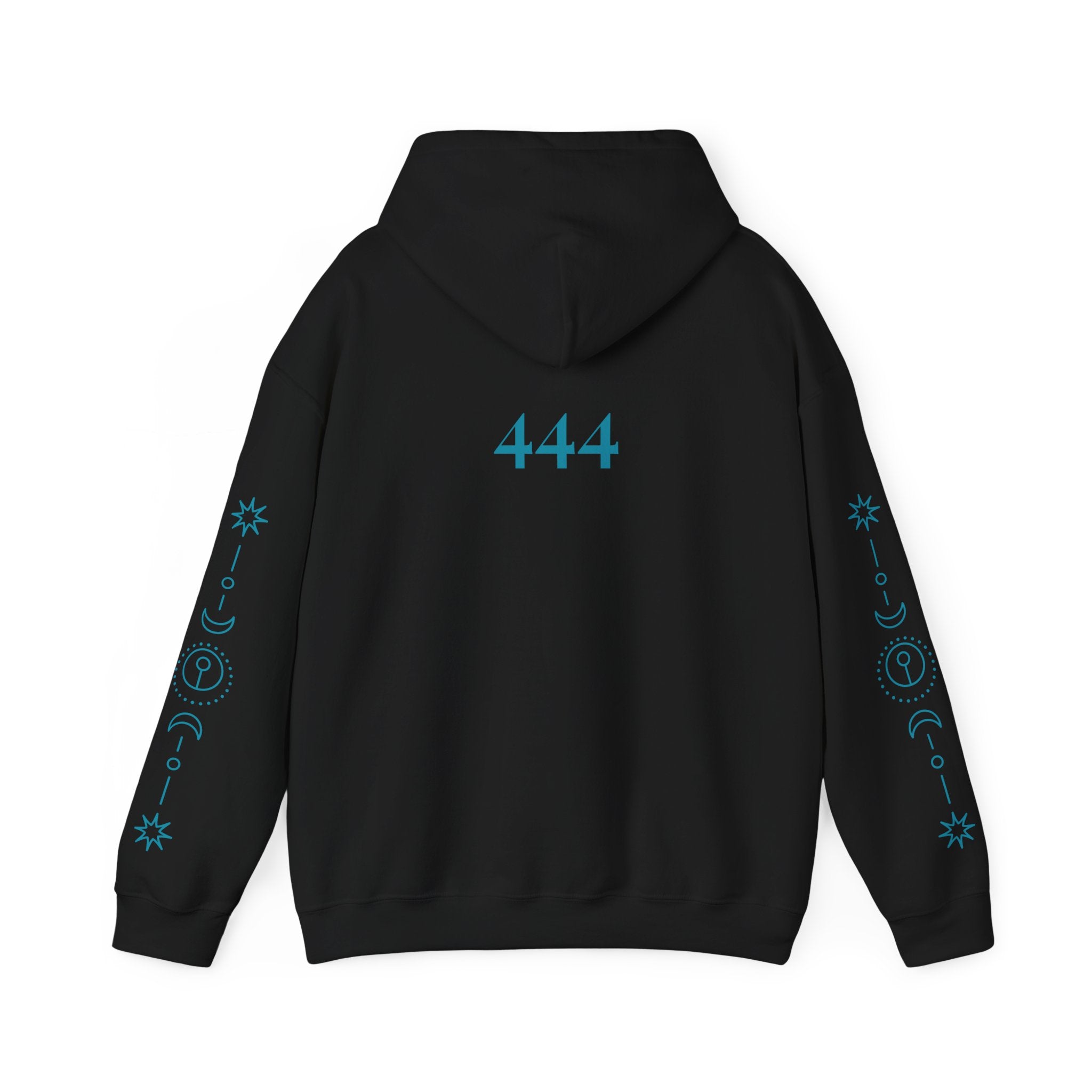 Black hoodie with blue '444' Angel number on the back against a white background