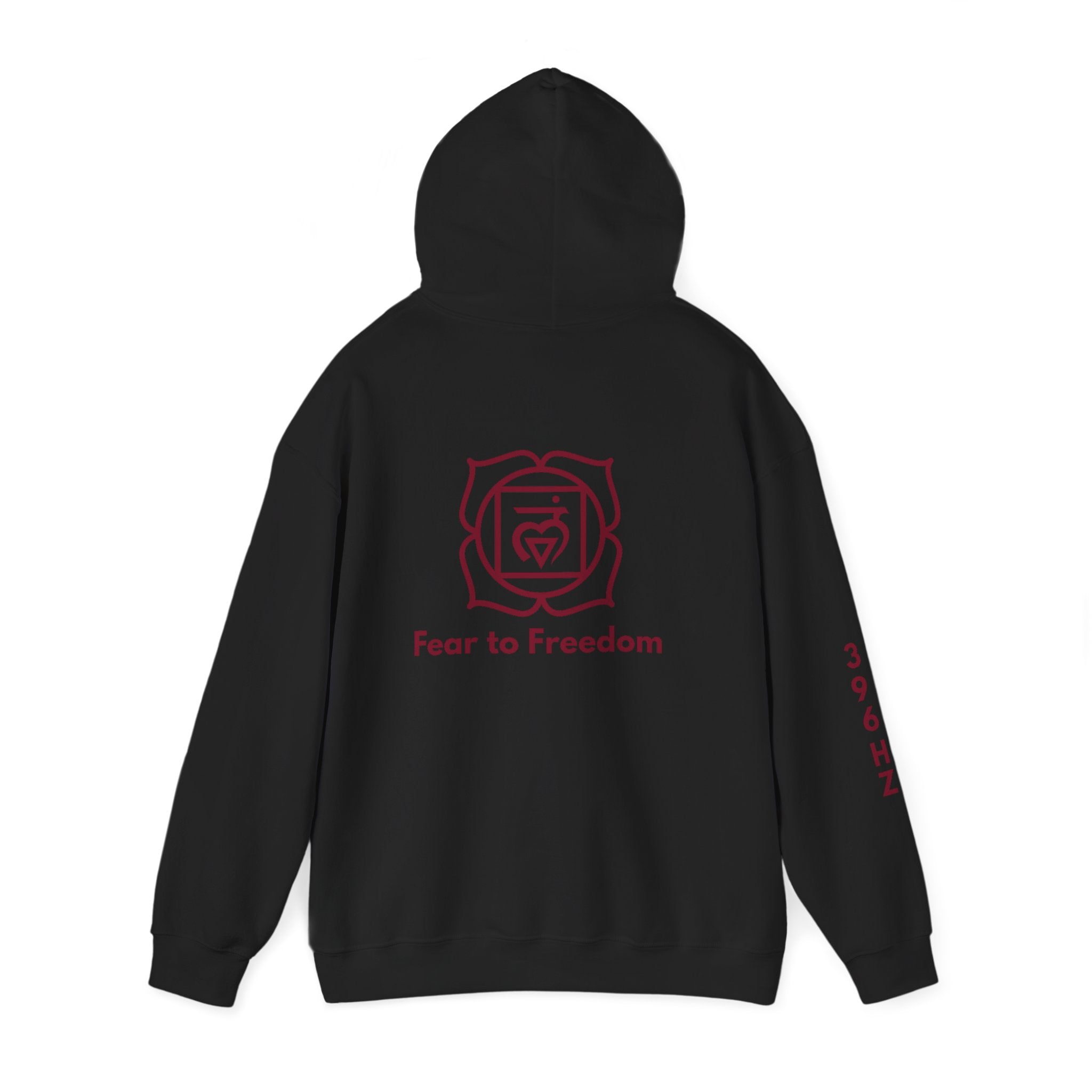 Black hoodie with red root Chakra design and 'Fear to Freedom' 