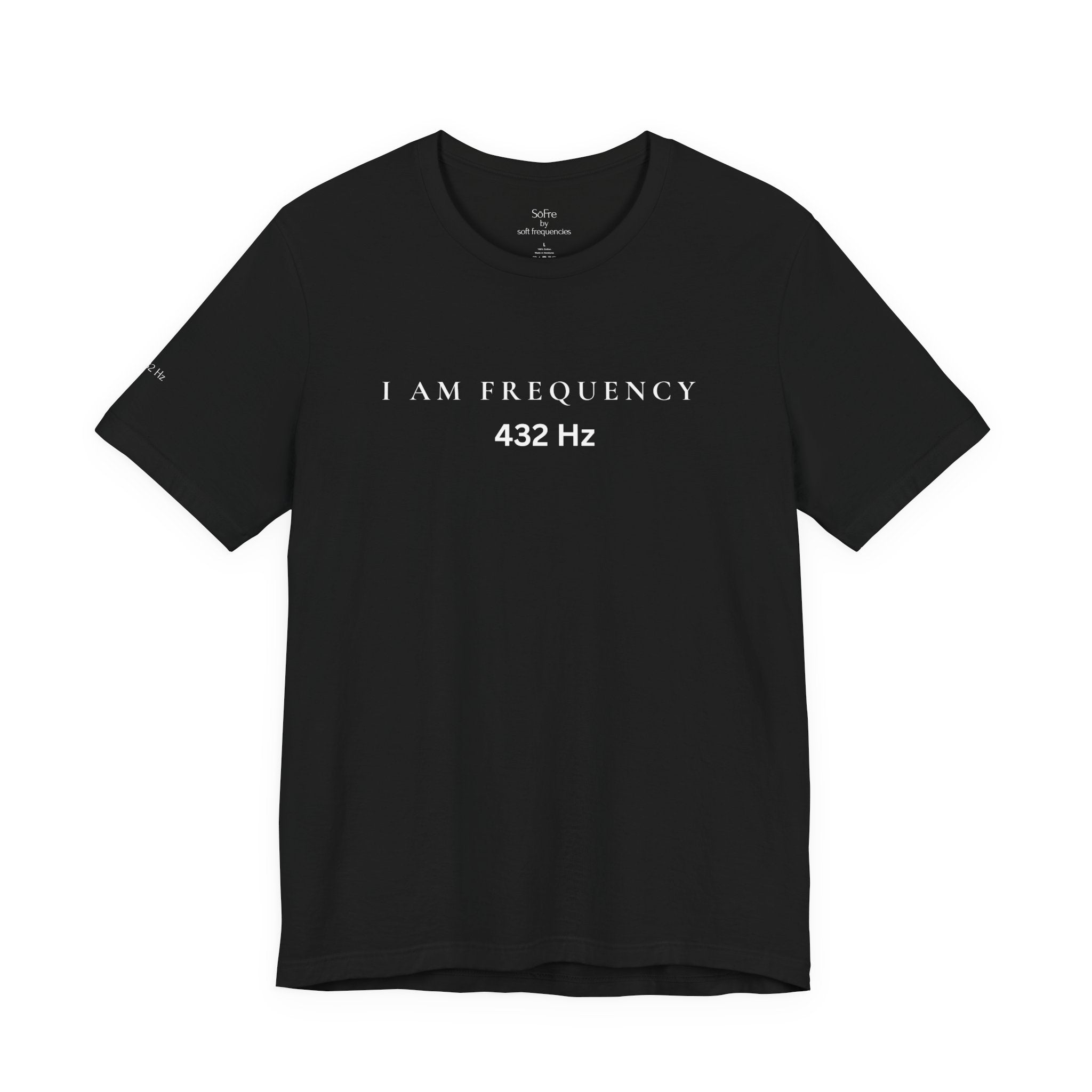 Black t-shirt with 'I AM FREQUENCY 432 Hz' text on a white background