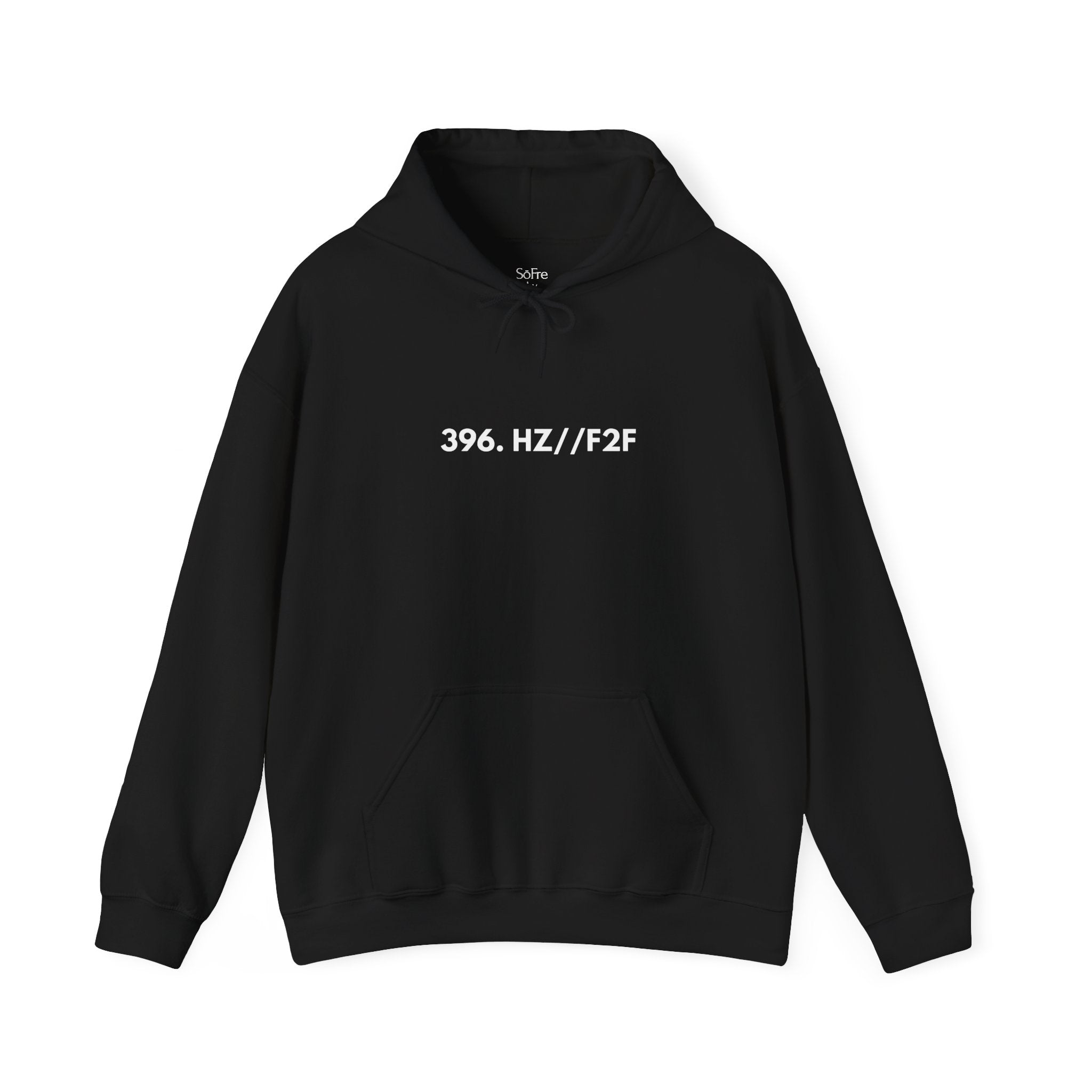 Front view – 396.HZ//F2F Shadow Black Hoodie, cryptic frequency code.