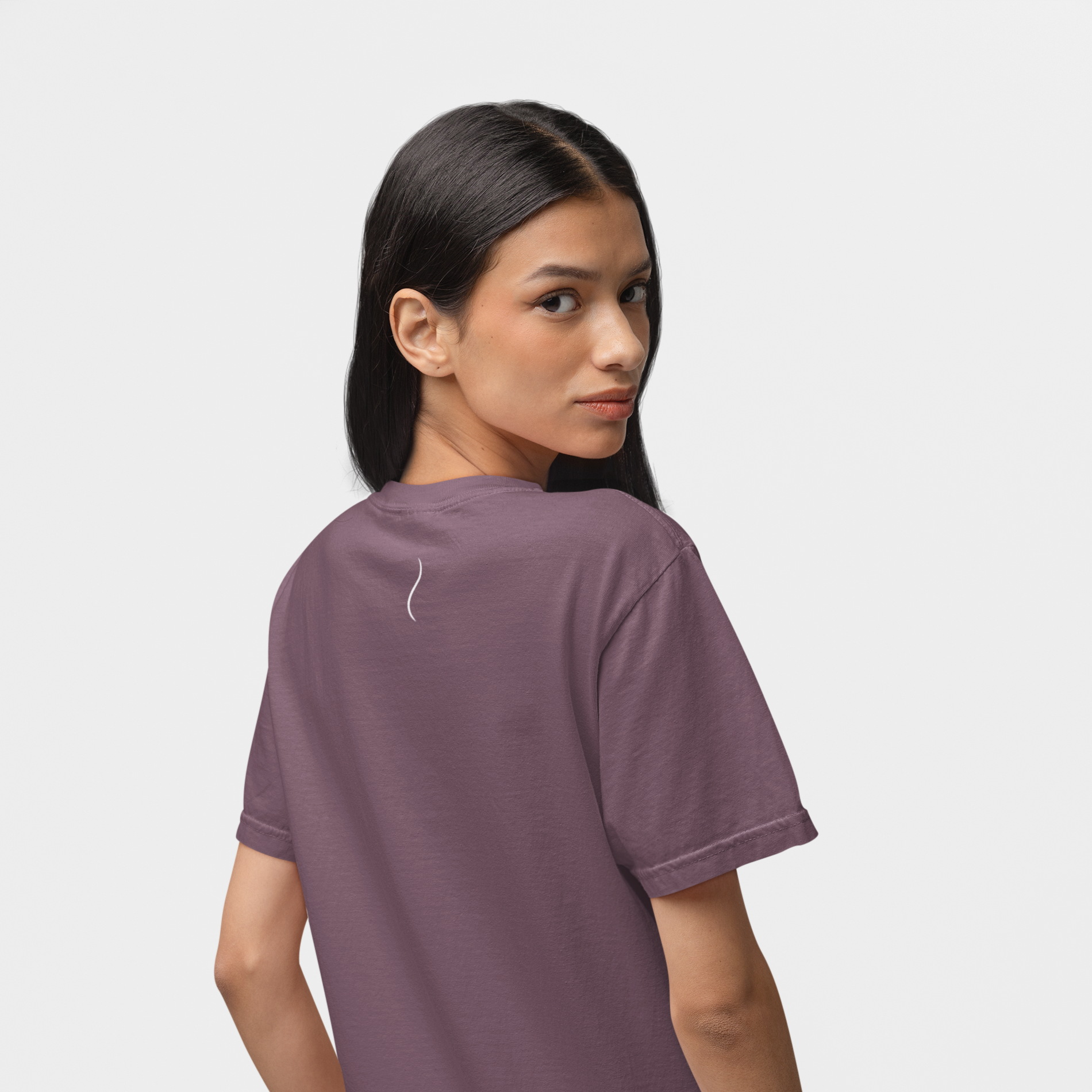 Woman wearing Soft Frequencies™ frequencywear™ t-shirt in Eclipse and Bay — minimalist spiritual