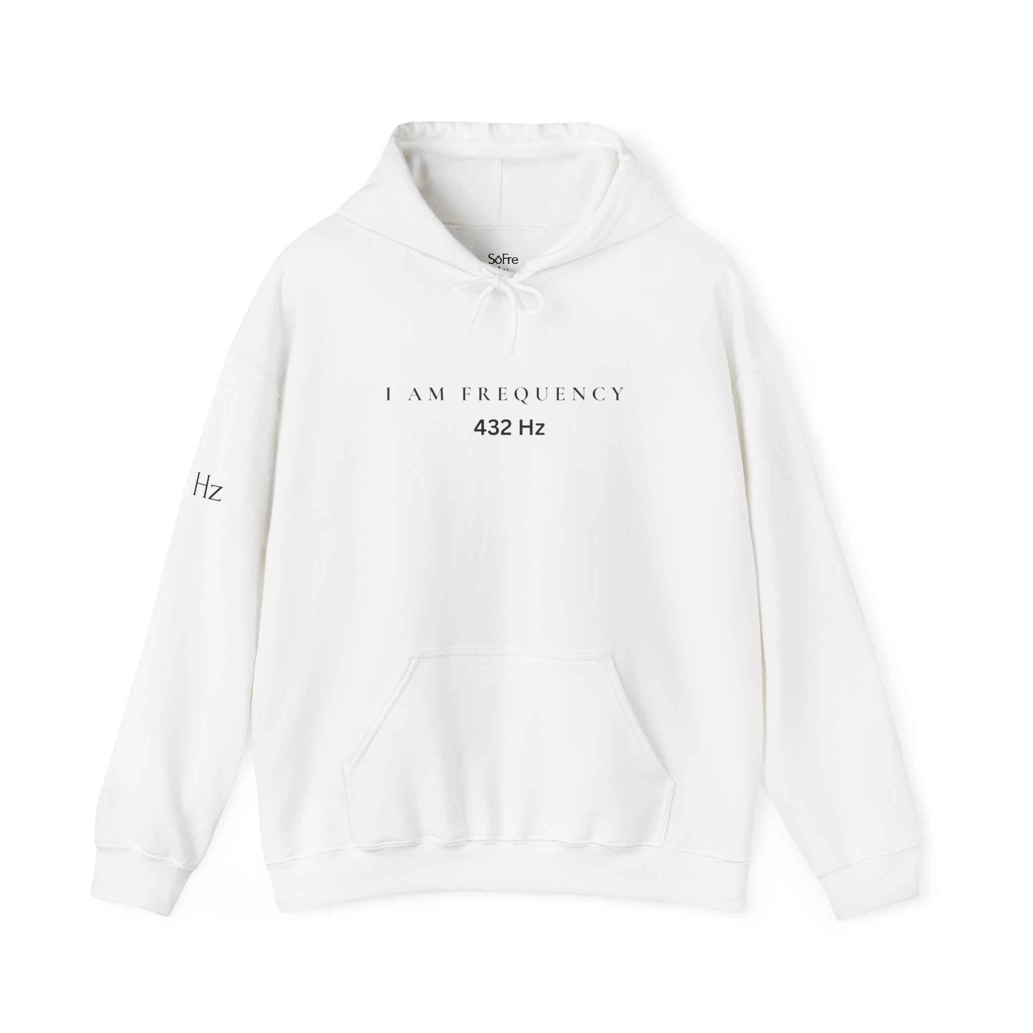 White hoodie with text 'I AM FREQUENCY 432 Hz on a white background