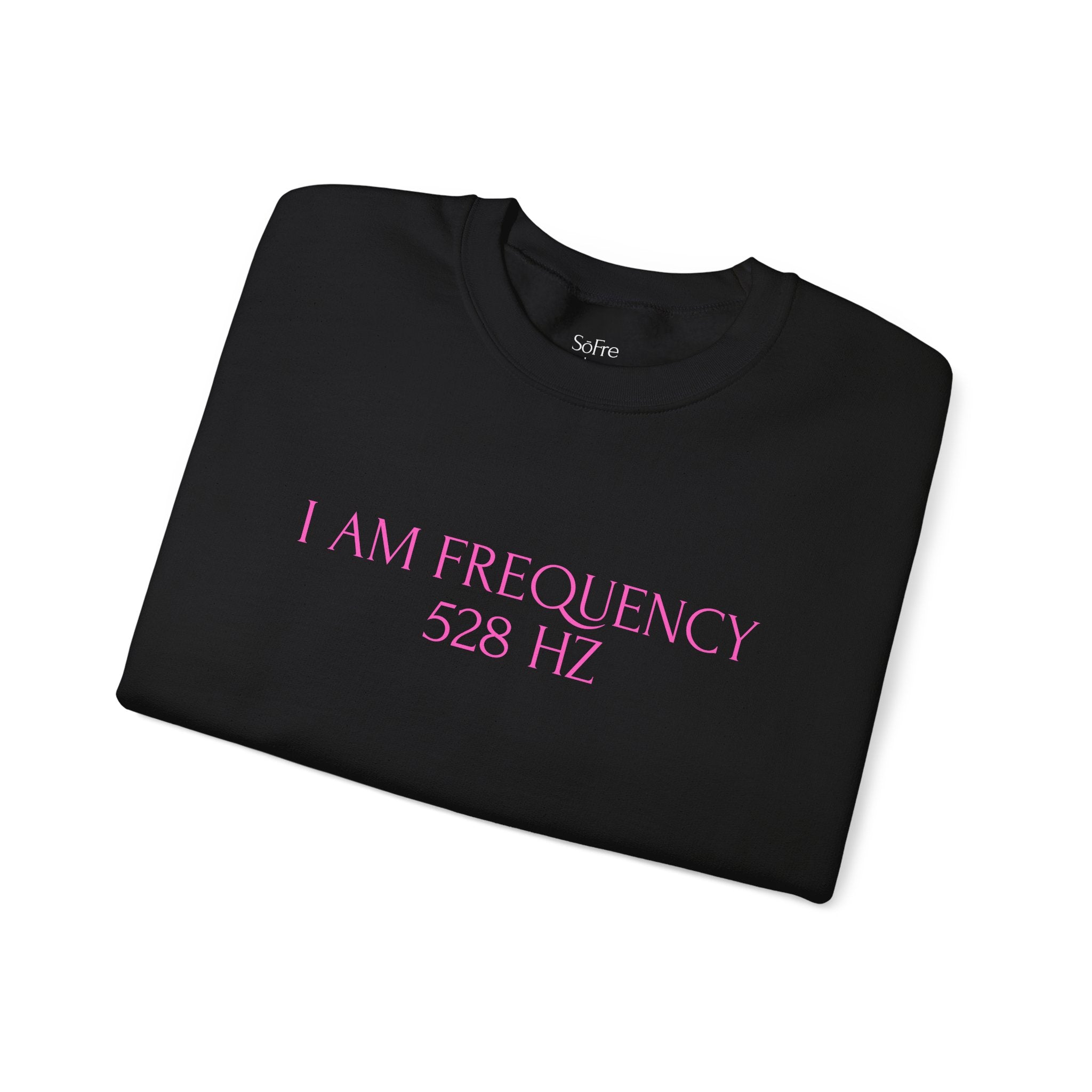 Folded hoodie eclipse with pink text 'I AM FREQUENCY 528 HZ 