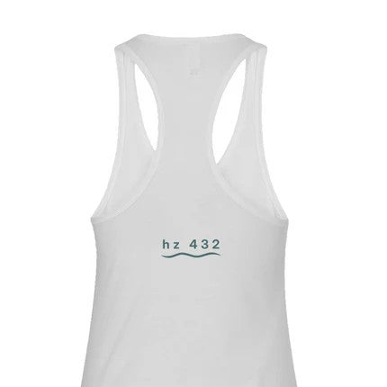 Hz 432 racerback tank in soft white Halo color with wave symbol